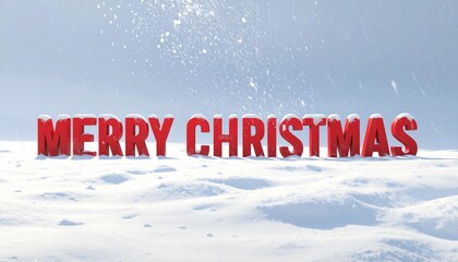 A giant bold red “Merry Christmas” stands tall against a snowy white background as delicate white snowflakes fall gracefully from above, captured in a cinematic wide-angle shot with dramatic lighting