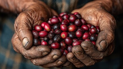 Wrinkled Hands Holding Freshly Picked Red Coffee Cherries Pile on Dark Background