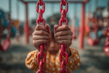 Young Child Holds Red Metal Chain Links on a Colorful Playground Selective Focus