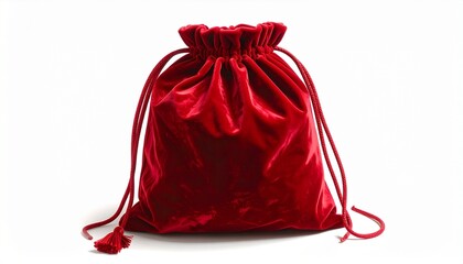 A red velvet drawstring pouch&mdash;closed and resting softly, cords knotted at each end. A metaphor for secrecy and the choreography of value through plush containment and ceremonial stillness.