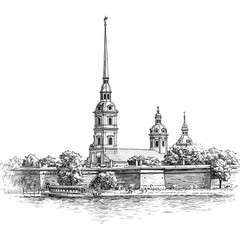Detailed pen and ink illustration of a historic architecture