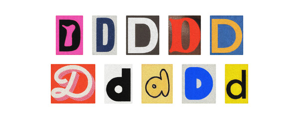 Magazine letter D cutout tiles collage set, colorful on transparent PNG
