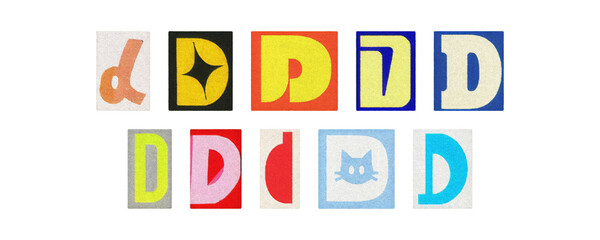 Magazine letter D cutout tiles collage set, colorful on transparent PNG
