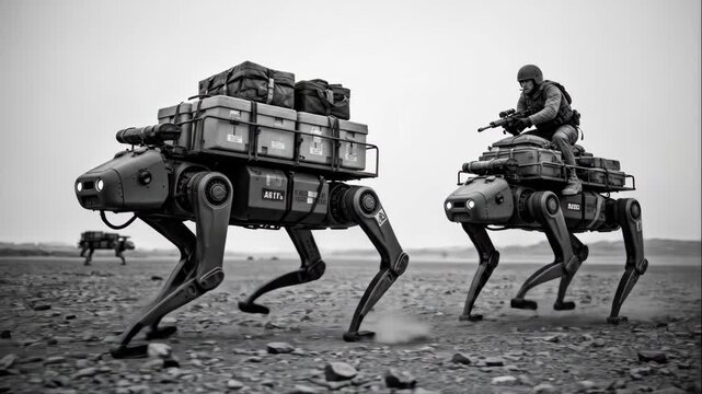 Robotic Quadrupeds Transporting Supplies - A black and white dramatic shot depicts two robotic quadrupeds carrying supplies across a desolate landscape.