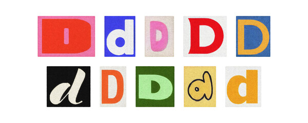 Typography letter D set in diverse fonts, magazine cutouts on PNG

