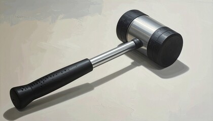 A metal mallet with black rubber handle and detachable head&mdash;resting on surface. A metaphor for precision and the choreography of soft impact through utilitarian design and mechanical restraint.