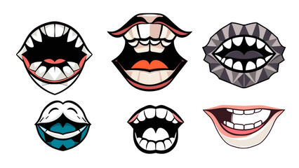 Beautiful vector illustration of woman's lips with a smile set, showcasing red lipstick makeup and teeth