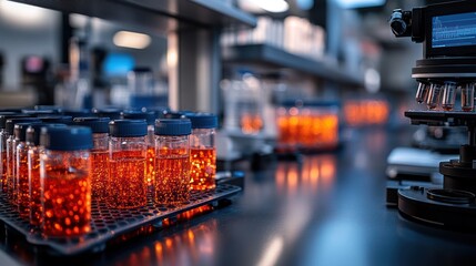 Lab containers with orange liquid, research, scientific equipment, blurred background