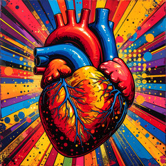 Colorful anatomical heart illustration with vivid veins and radiant pop art background evoking energetic emotion