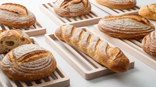 Artisanal bread display on wooden racks