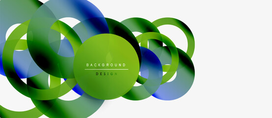 Abstract design features overlapping circles, gradients. Blue, green hues dominate white background. Modern, dynamic composition.