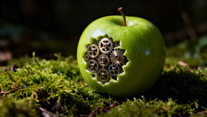 Green Apple with a Cutout Revealing Internal Clockwork Gears, Representing Natural Engineering, Innovation, and Biotechnology