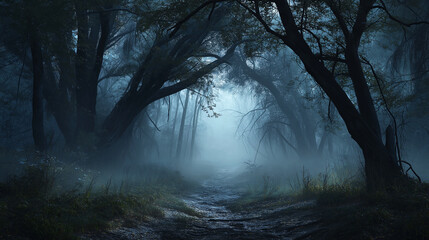 Fototapeta premium Dark misty forest path wallpaper background image for desktop and mobile free download