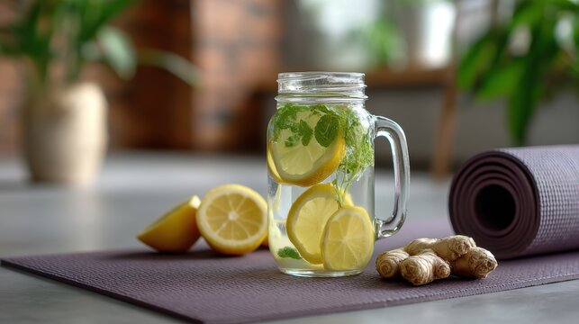 Healthy Drinks for Hypothyroid. Refreshing lemon-infused water in a mason jar beside yoga mat and nuts.