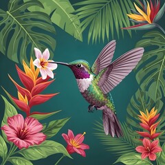 Vibrant Hummingbird amidst Exotic Tropical Flowers and Lush Green Foliage Illustration