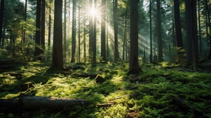 Obraz premium lush green moss-covered forest, towering evergreen trees, sunlight streaming through canopy, serene peaceful atmosphere, dense undergrowth, natural landscape, digital art, ultra-detailed, cinematic li