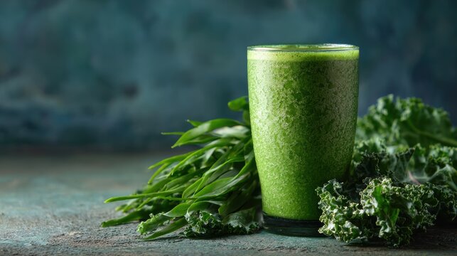 Healthy Drinks for Hypothyroid. Fresh green smoothie surrounded by leafy greens on a textured surface.