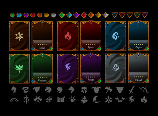 Fantasy trading card game template pack. RPG TCG elemental frames, clan crests, class icons, rare gems, card borders, and clean UI design. Fire, water, wind, earth, nature, sun, shadow, lightning, ice © didik