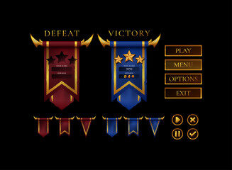 Fantasy RPG game UI victory defeat banner pack. Medieval red blue flags with gold trim, star rating, score panel, menu play options exit buttons, and ornate clan style icons for RPG MOBA card games.