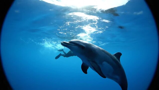 curious common dolphin swims near diver underwater