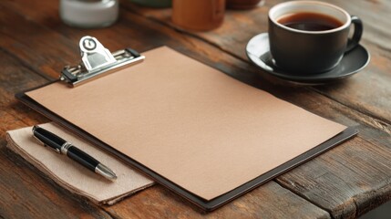 Blank clipboard on wooden table