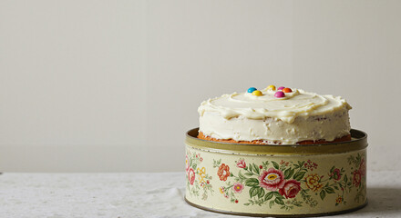 Birthday cake in vintage baking tin decorated with colorful sprinkles, copy space