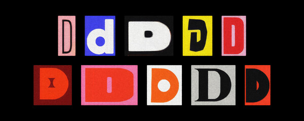 Letter D magazine cutout tiles collage set on a solid black background
