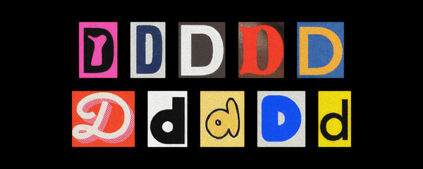 Colorful letter D collage from magazine clippings arranged on black
