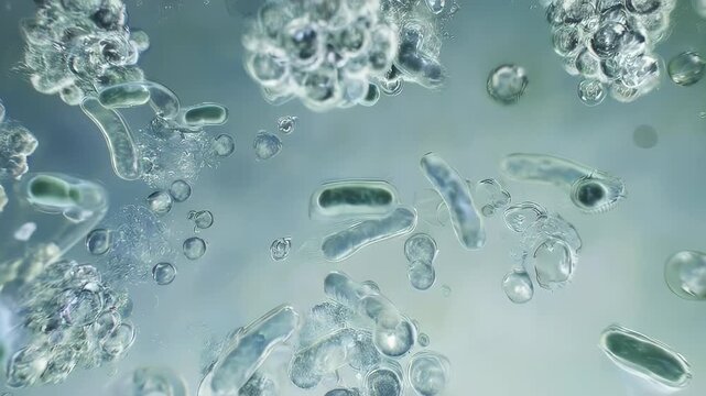 Microscopic view of aquatic organisms and bubbles