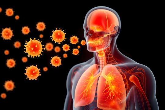 Human respiratory system infected by virus causing disease and inflammation in the body system