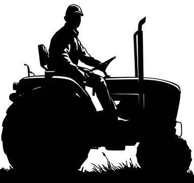 Farmer driving tractor silhouette illustration for agriculture and farming