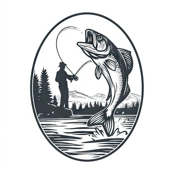 Fishing scene fisherman catching large fish in an oval emblem