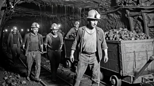 Coal Miners Pushing Carts in Tunnel - Black and white video of coal miners pushing heavy carts filled with coal through a dark mine tunnel.