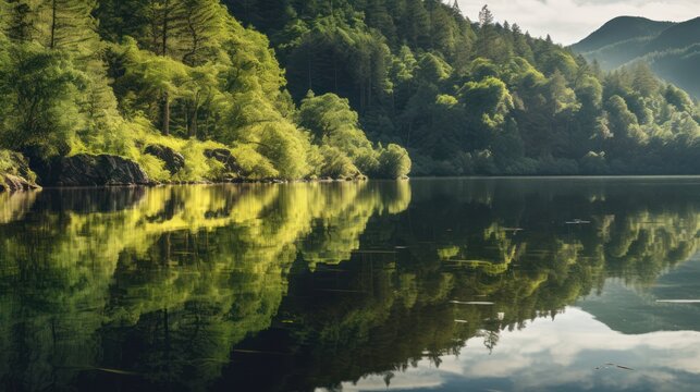 lush, verdant, towering forest, pristine lake, serene reflection, picturesque landscape, tranquil atmosphere, rich foliage, dramatic lighting, atmospheric haze, peaceful serenity, natural wonder, unta