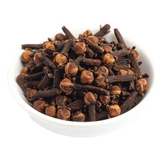 Whole Dried Cloves Spice in White Bowl, Isolated on Black Background - Close-up