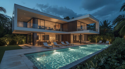 Fototapeta premium Dreamy luxury villa with pool beckons on twilight, perfect for upscale travel brochures, real estate marketing, and sophisticated lifestyle content