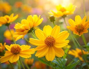 Bright yellow flowers in a garden, bathed in sunlight