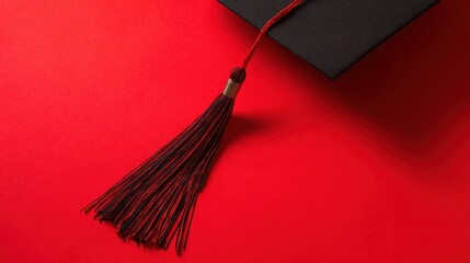 scholar. A graduation cap with a tassel, isolated on a solid red background. event programs, museum guides, designed for cultural heritage projects and event programs, preserves heritage.
