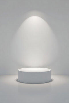Striking minimalist stage podium illuminated by a single spotlight, perfect for showcasing products, awards, or presentations.