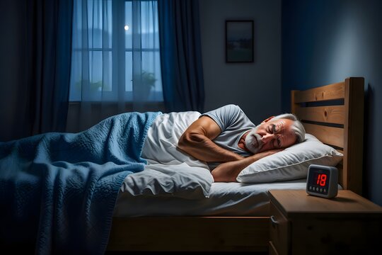 Man peacefully sleeping in bed at night with a digital alarm clock on the nightstand near him