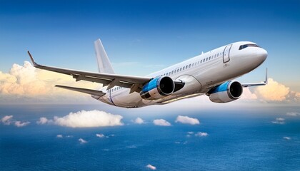 Obraz premium soaring high a sleek passenger airplane ascends gracefully showcasing its powerful engines and aerodynamic design against a bright backdrop promising exciting journeys and global connectivity