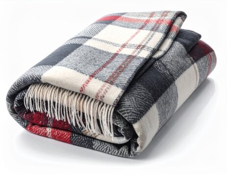 A folded plaid blanket—gray, red, white, beige checks with fringe—rests on white. A metaphor for comfort and the choreography of warmth through woven memory and quiet protection.