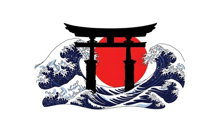 Japanese torii gate silhouette framed by ocean waves and a red rising sun, symbolizing tradition, strength, and the harmony between nature and culture.