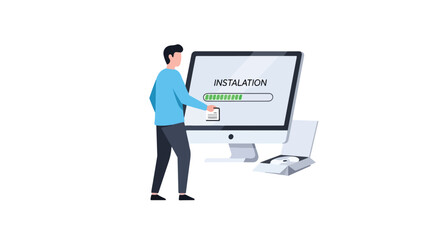 Software installation process on computer with progress bar depicting the advancement state showing a person clicking a document 95 characters