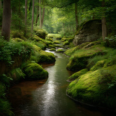 Serene Winding River Through Lush Forest, Surrounded by Tranquil Rocks and Vibrant Greenery