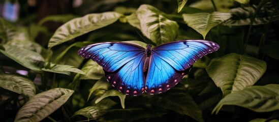 a beautiful blue morpho butterfly resting on a vibrant green leaf, intricate wing patterns, natural lighting, detailed realistic digital illustration, highly detailed, 8k, award winning
