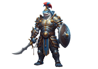 Fototapeta premium A formidable warrior shark, clad in detailed, ornate armor, holds a sword and shield, creating a striking digital illustration.