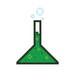 a poison in pixel style. pixel art representation of an Erlenmeyer flask, also known as a conical flask, containing a bubbling green liquid.