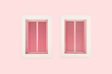 Beautiful wood Window on pastel pink color minimal wall and pink shutters, modern geometric home facade design with soft shadow. Contemporary art, pastel aesthetics, and vintage creative backgrounds
