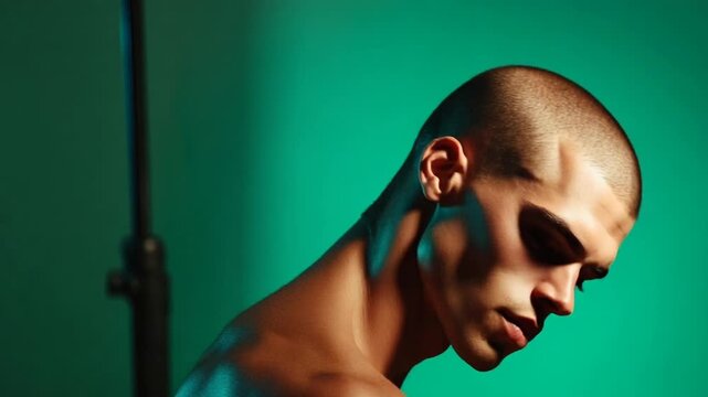 Dramatic Studio Portrait of a Handsome Man with a Buzz Cut.